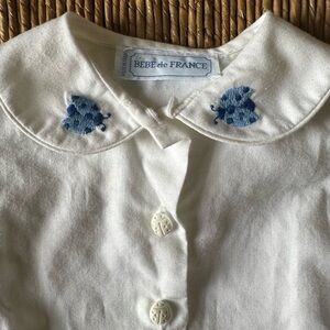 Vintage French White Button Down Shirt with Blue Ladybug Embroidery and Buttons